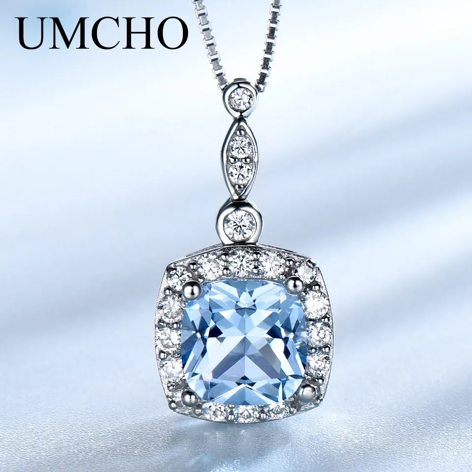 

UMCHO Solid 925 Sterling Silver Necklaces Pendants for Women Gemstone Sky Blue Topaz Engagement Wedding mothers' Day Jewelry New