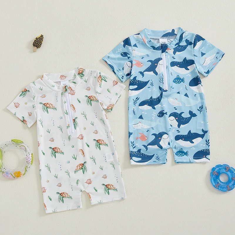 Toddler Baby Boy Rash Guard Swimsuit Short Sleeve Sea Animal Print Zip Up Bathing Suit Swimwear Summer Baby Clothing