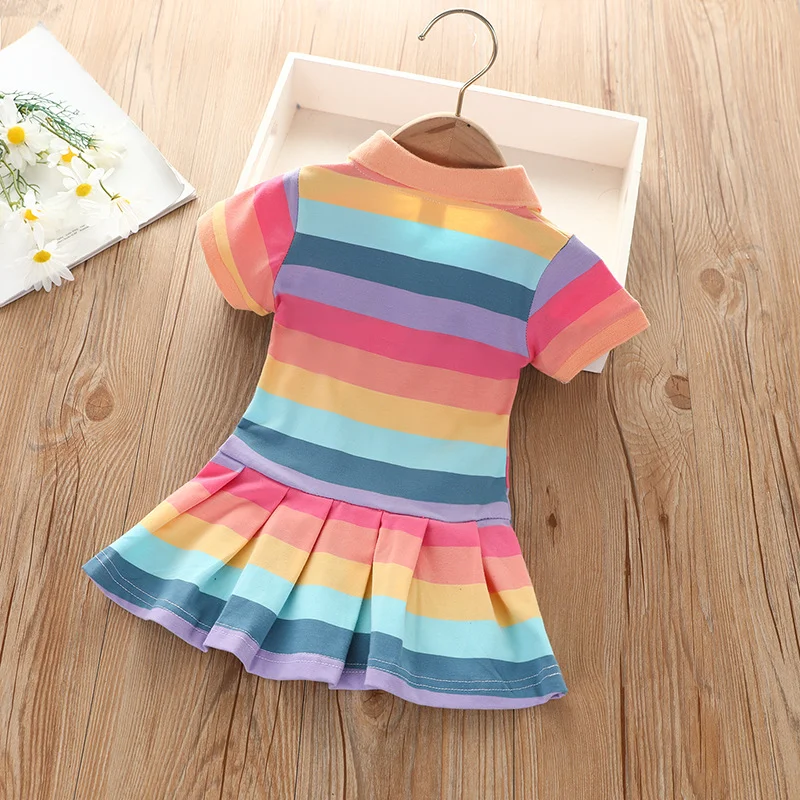 Vestito da Principessa per Bambine, Moda Estiva, Manica Corta con Ricamo Coniglietto e Strisce Arcobaleno - immagine 4