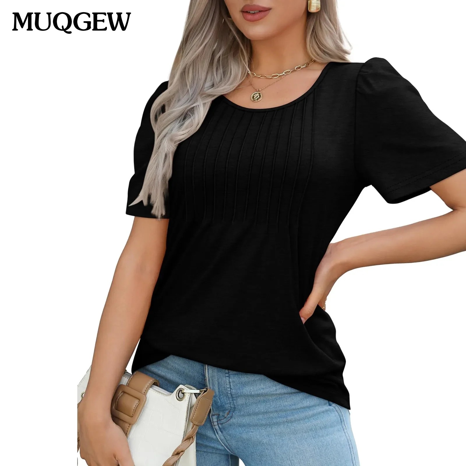 

Женская футболка с круглым вырезом, летняя свободная футболка с коротким рукавом, модные однотонные плиссированные футболки, новинка 2024, Женские топы для офиса