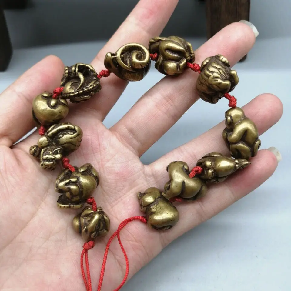 

Vintage Pure Copper Zodiac Bracelet Solid Brass Rodent Bull Rabbit Dragon Snake Horse Sheep Monkey Chicken Dog Pig Bracelet Copp