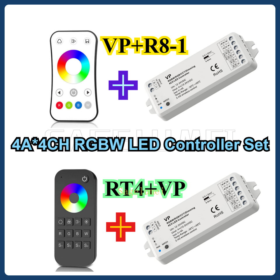 4A*4CH RGBW LED Strip Controller Kit RT4 R8-1 2.4G RF Remote + VP Receiver 1000Hz PWM For RGBW LED Strip Lights Tape DC12V-24V