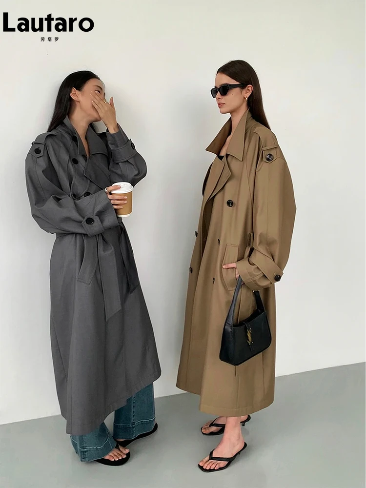 Lautaro Spring Autumn Oversized Khaki Long Grey Trench Coat for Women Double Breasted Loose Casual Korean Fashion Overcoat 2024 2