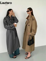Lautaro Spring Autumn Oversized Khaki Long Grey Trench Coat for Women Double Breasted Loose Casual Korean Fashion Overcoat 2024 2
