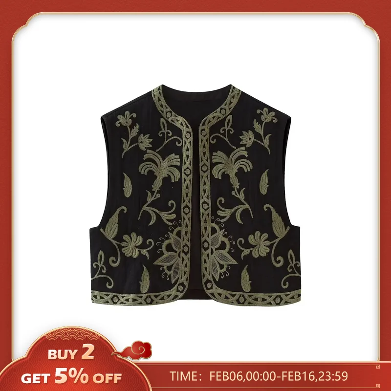 신상아우터 신제품으로 선보이는 여성용 O넥 꽃 자수 짧은 조끼 재킷, 캐주얼한 민소매 카디건, 웨이스트코트 크롭탑 (모델명: CT5359)