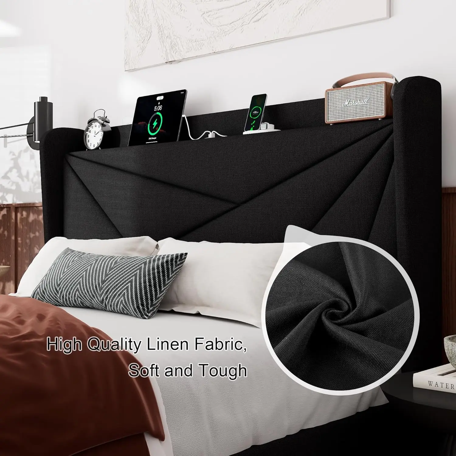 Queen Bed Frame with Charging Station, Upholstered Platform Bed Frame with Wingback Storage Headboard, Solid Wood Slats Support 6