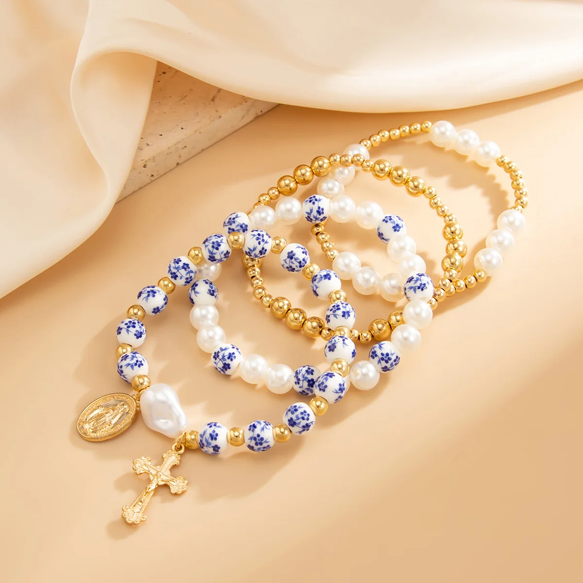 4pcs/set Blue and White Porcelain Round Bead Bracelet for Women Geometric Pearl Cross Hand Strings Fashion Jewelry Bijoux Femme