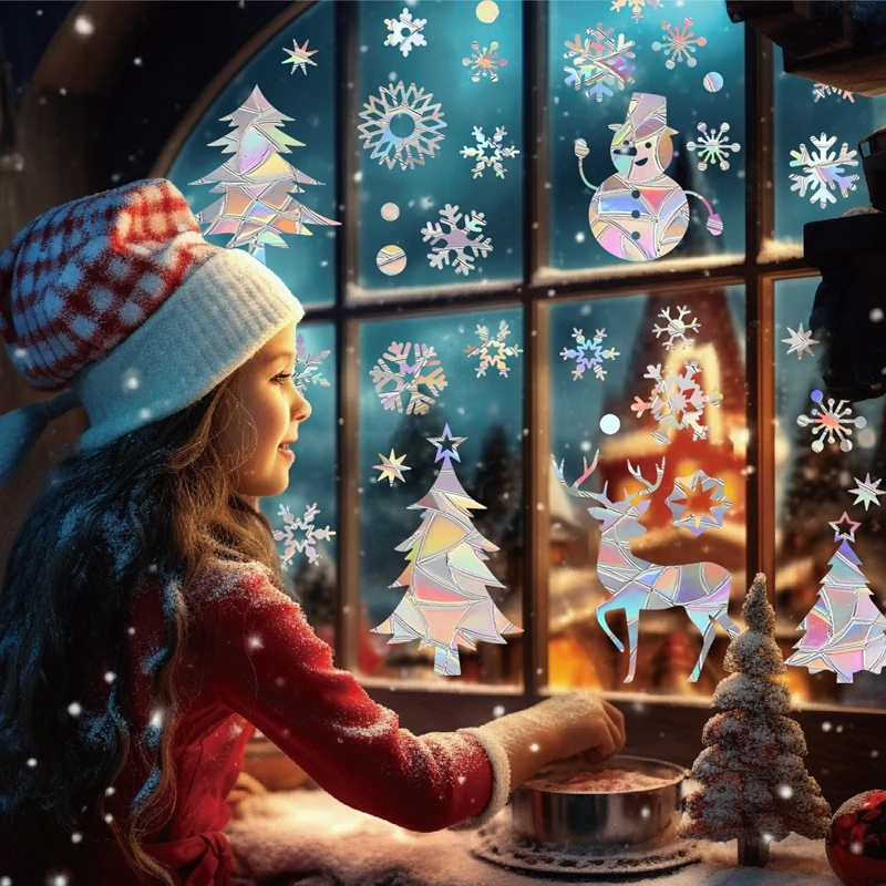 Wall Stickers Suncatcher Christmas Snowflake Window Sticker Xmas Tree Snowman Laser Rainbow New Year Kids Room Home Decoration