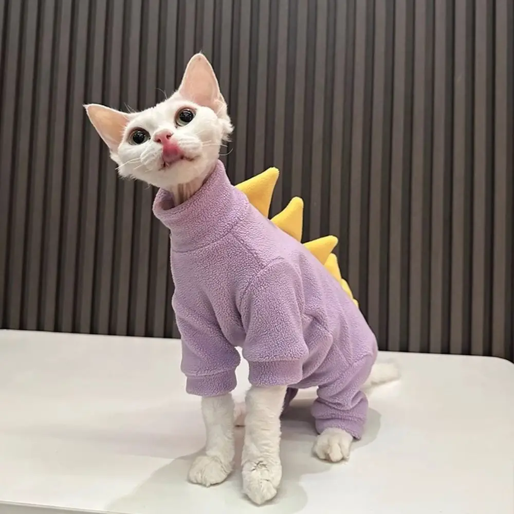 애완 동물 의상 귀여운 공룡 모양 양털 스웨트셔츠 부드럽고 편안한 고양이 따뜻한 코트 보라색 파란색 스핑크스 고양이 4다리 점프슈트 봄