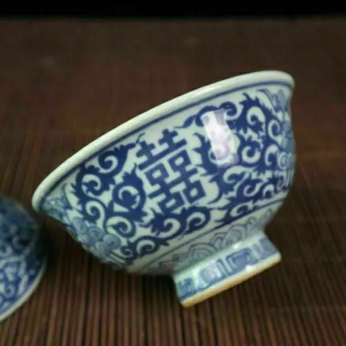 Chinese old porcelain Blue and white double happiness lotus covered bowl For kitchen 4