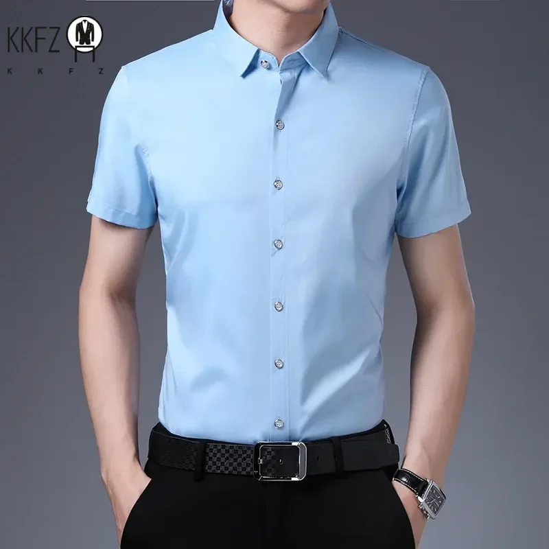 Men's Business Casual Solid Color Short Sleeved Shirt Non Ironing Comfortable Top 6