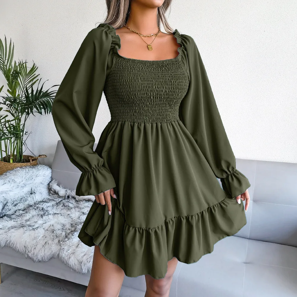 Women Solid Color Flared Long Sleeve Ruffled Dress