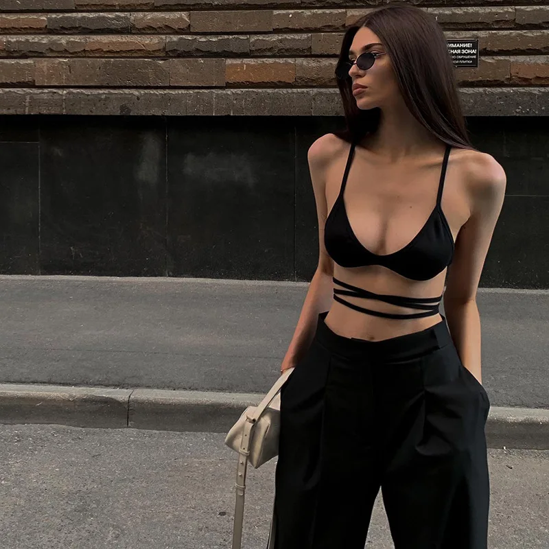 

Women Trendy Sexy Bra Camisole Crop Tops Solid Color Sleeveless V-Neck Cross Bandage Backless Slim Fit Vest Streetwear Y2k
