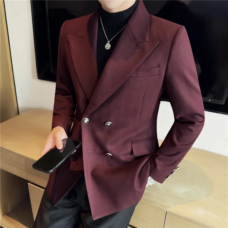 Double Breasted Blazer Jackets Men High Quality Plain Color Mens Casual Blazers Slim Fit Business Formal Wear Luxury Suit Coats