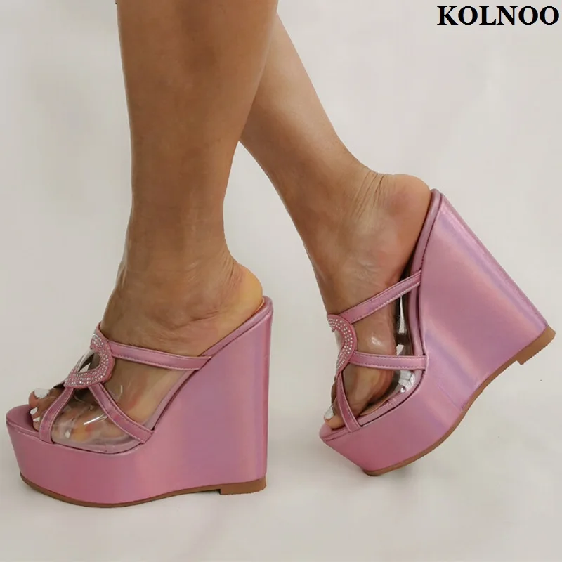 

Kolnoo Real Photos Handmade Ladies Wedges Heels Slippers PVC Patchwork Leather Sexy Summer Sandals Evening Fashion Party Shoes