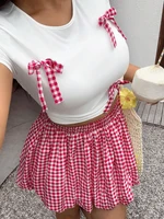 Plus size vacation spring and summer Spice Girls Plaid Butterfly Knot Short Sleeve Pod Skirt Slim Set Fashion - Image 2