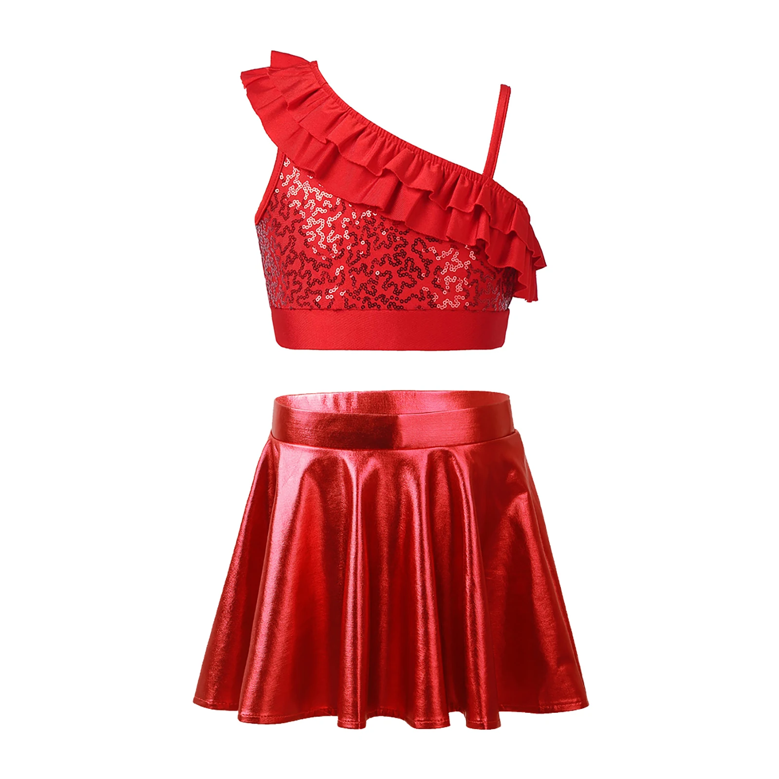 

Kids Girls Sleeveless Sequin Ruffles Top with Glossy Mini Skirts Asymmetrical Shoulder Straps Jazz Dance Performance Costume