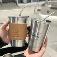 New  Stainless Steel Coffee Mug with Straw Lid Portable Coffee Cup Drinking Beer Milk Water Cup Restaurant Bar Party 500ml 2