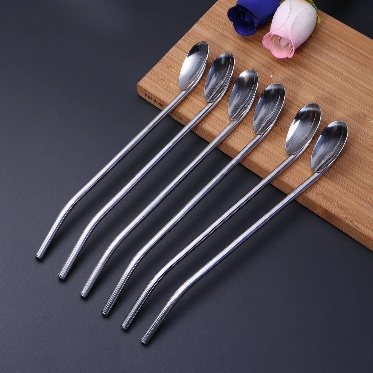 Stainless Steel Oval Shape Metal Drinking Spoon Straw Mixing Bar Spoon Reusable Straws Cocktail Spoons Set 6 Pcs