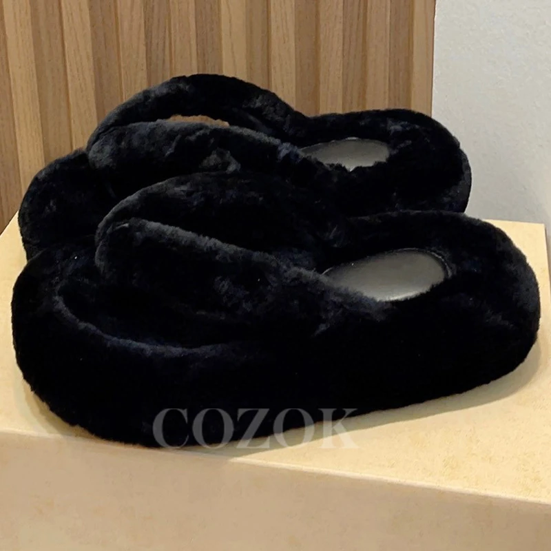 

Women Lazy Flip Flops 2023 Winter New Wool Upper Platform Open Toe Sandals Comfortable Warm Thick Bottom Female Slippers