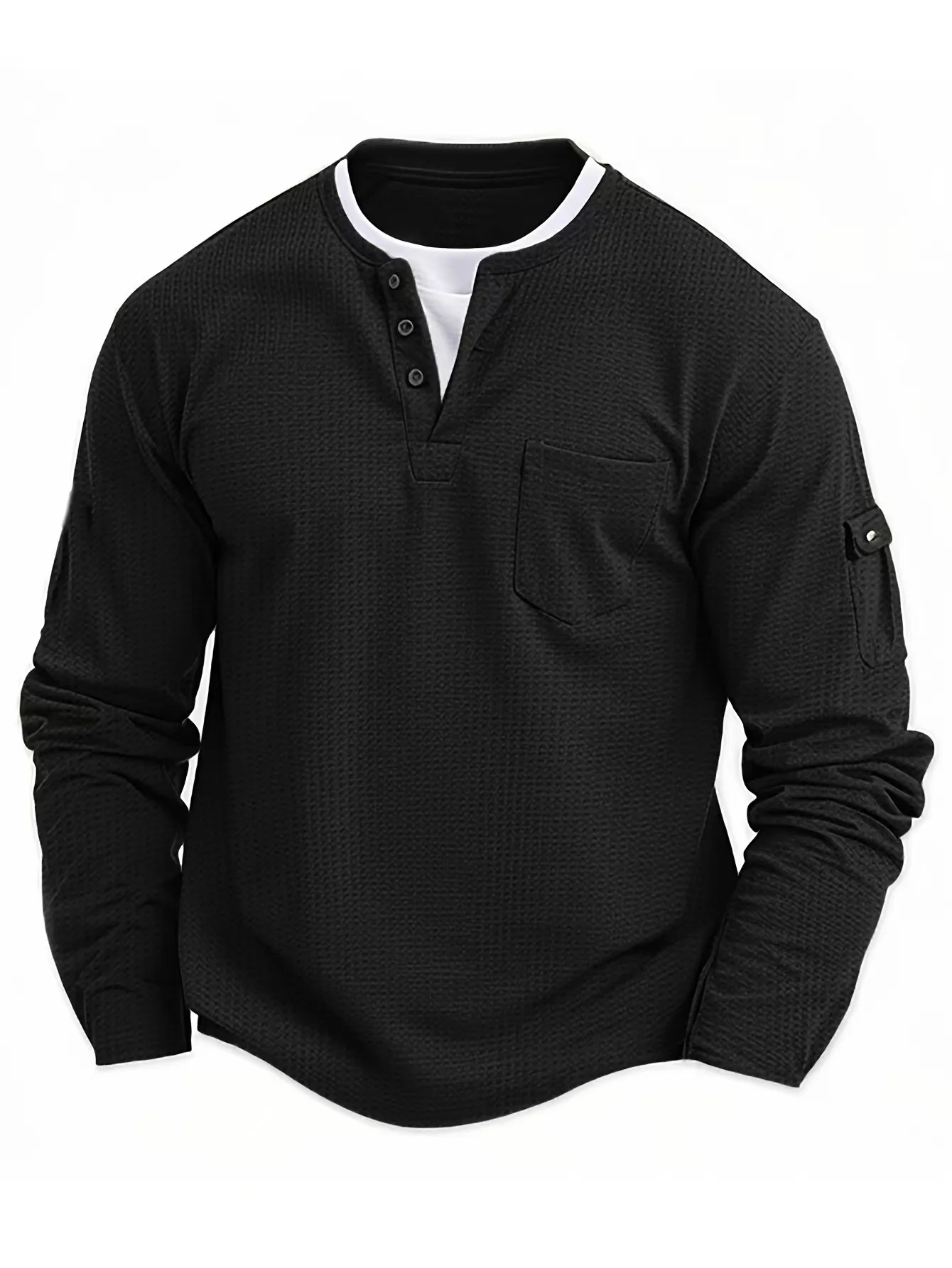 Spring Fashion Button V-neck Hoodie Retro Fake Two Piece Set Double Layer Top Men's Casual Long Sleeve Loose Hoodie