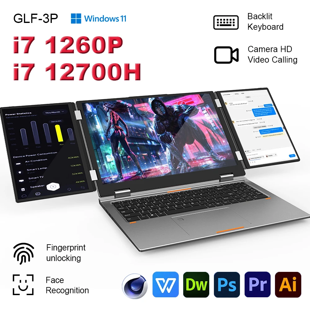 كمبيوتر محمول جديد للألعاب بشاشة ثلاثية 16 + 10.5 + 10.5 بوصة Intel Core i7 1260P 64GB RAM 2 تيرا بايت كمبيوتر أعمال RJ45 بصمة + وجه