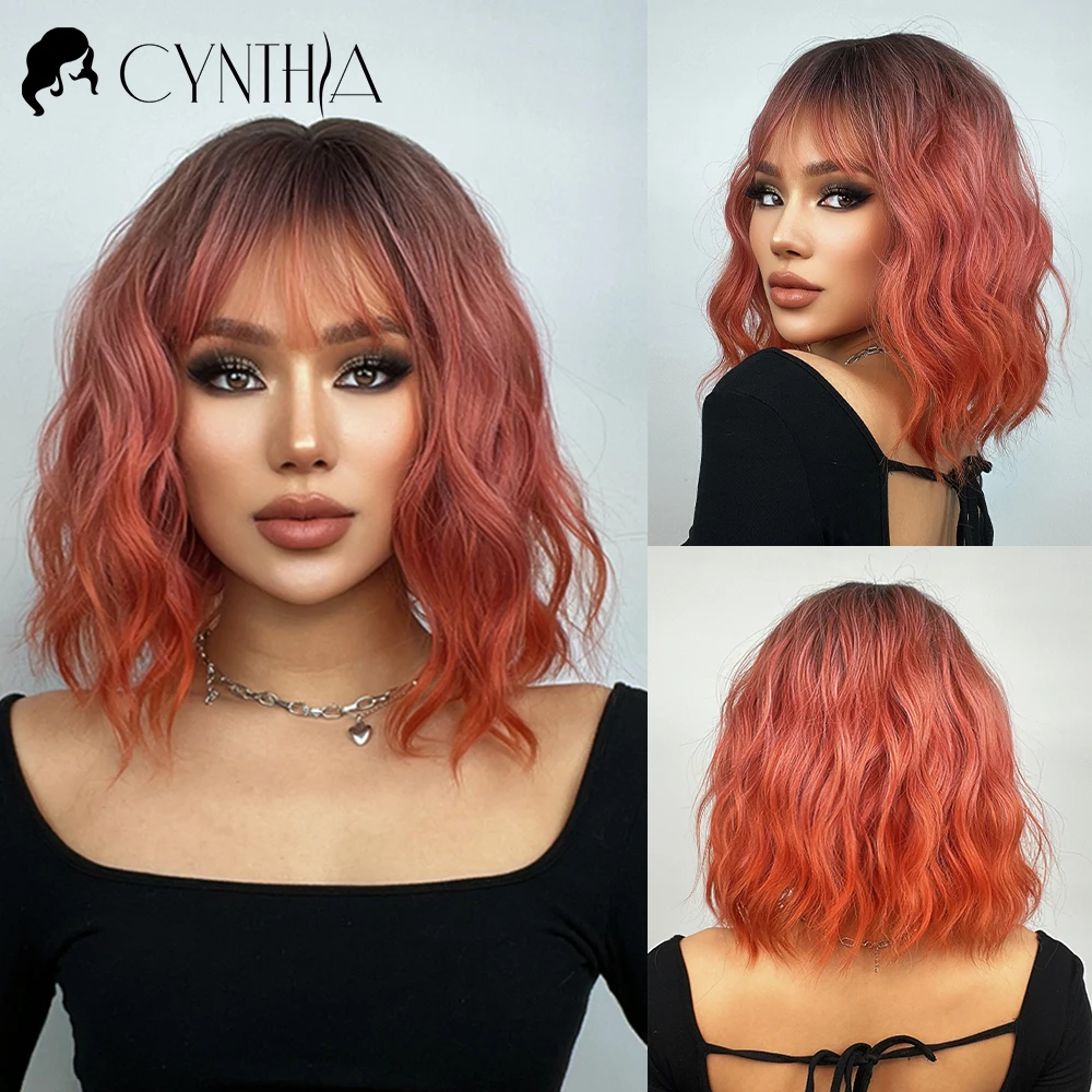 Short Bob Synthetic Wig Ombre Pink Water Wave Hair Wigs For Black Women With Bangs Cosplay Lolita Heat Resistant Natural Hair
