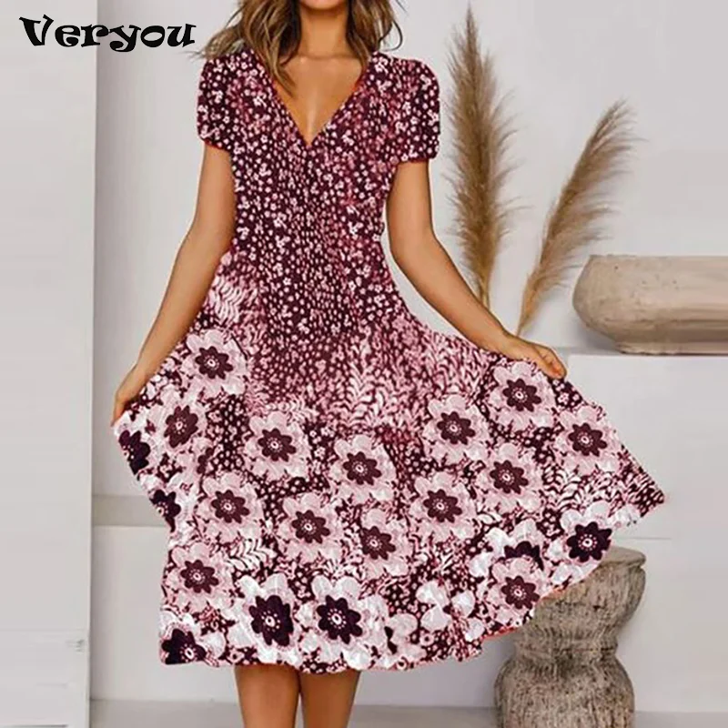 Women-Retro-Flower-Printed-Loose-Dress-Fashion-V-Neck-Hollow-Out ...