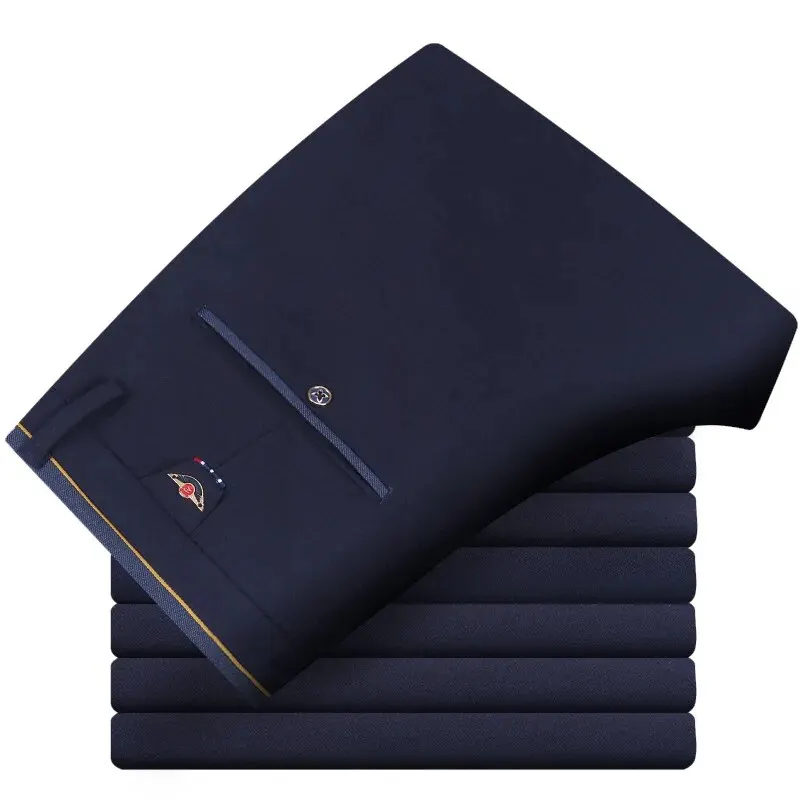 Men's Elastic Straight Pants Business Casual Long Suit Pants Male Formal Trousers Solid Colors Black BLue 3