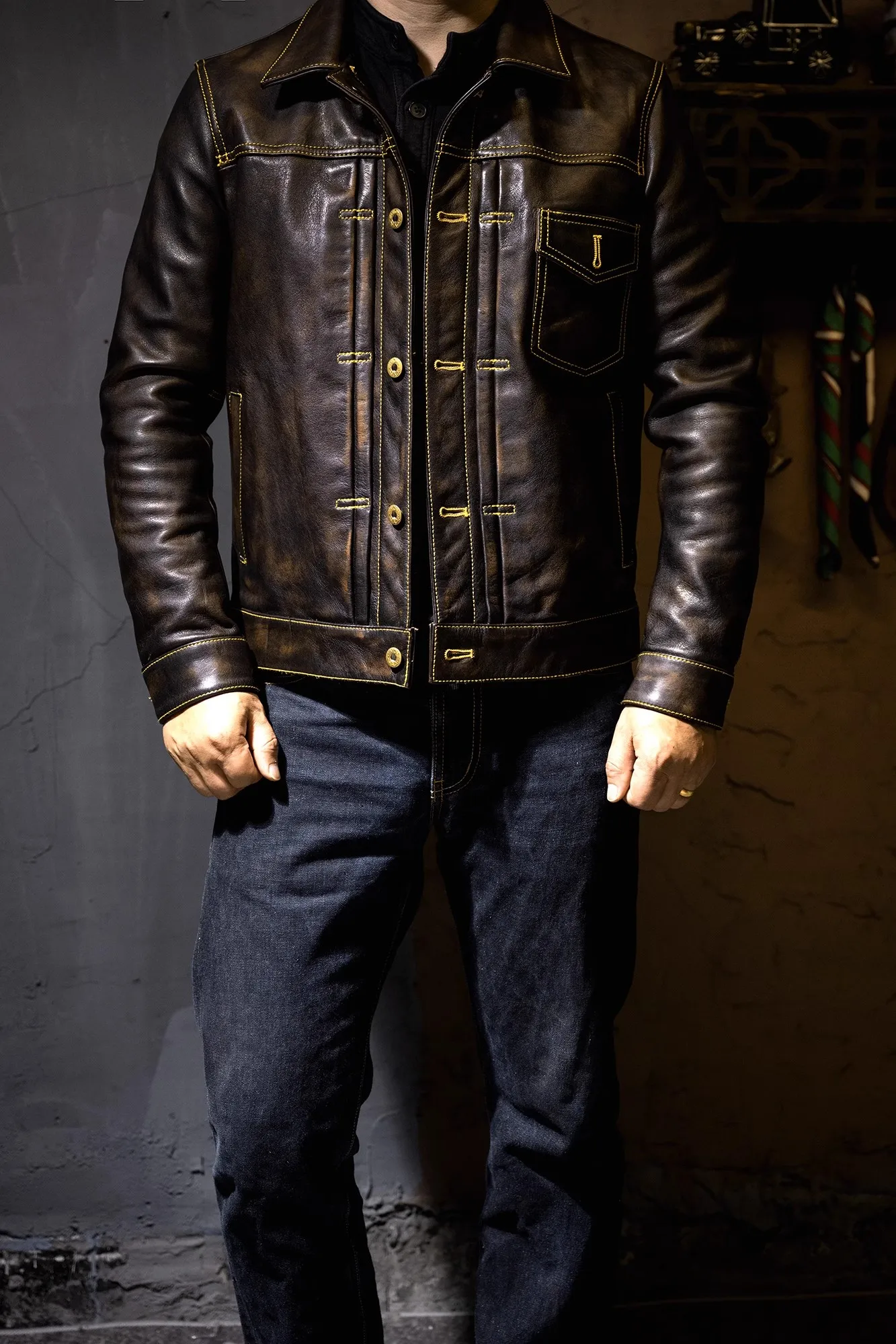 CC SHop horseskin men leather jacket Classic casual black leather coat