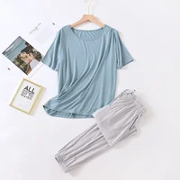 2026 spring and summer female modal pajamas two-piece short-sleeved trousers color large-size breathable casual home service set - Image 2