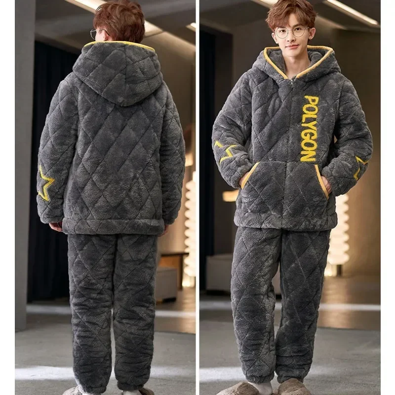 Pajamas Men Homewear Suit Winter Coral Fleece Home Sleep Clothes Thickened Three Layers Cotton Male Teen Hooded Loungewear Set