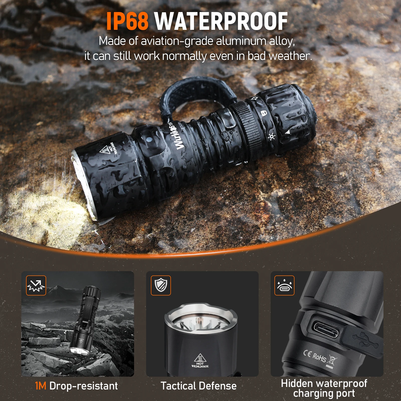 Tactical Flashlight Wurkkos TD07 18350 1300LM 479M Long Range Rechargeable Lamp IP68 Mini Torch Finger Ring Dual Switches