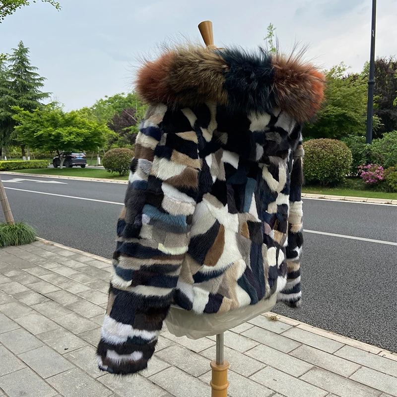 2022 Winter New Real Colorfu Mink Fur Coat Women Luxury Mink Fur Coat Fur Jacket With Bigger Hood and Raccoon Fur Collar