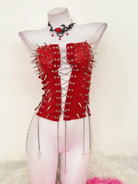 Red Lace Up Spikey Corset Top 3