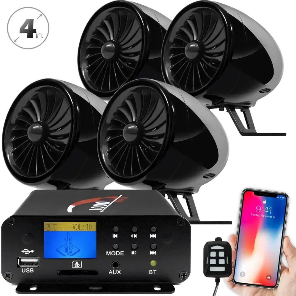 

Aileap 1000W Amplifier Motorcycle Bluetooth Stereo 4 Speakers MP3 Audio FM Radio System for Motorcycles/ATV/UTV/Boat (Black)