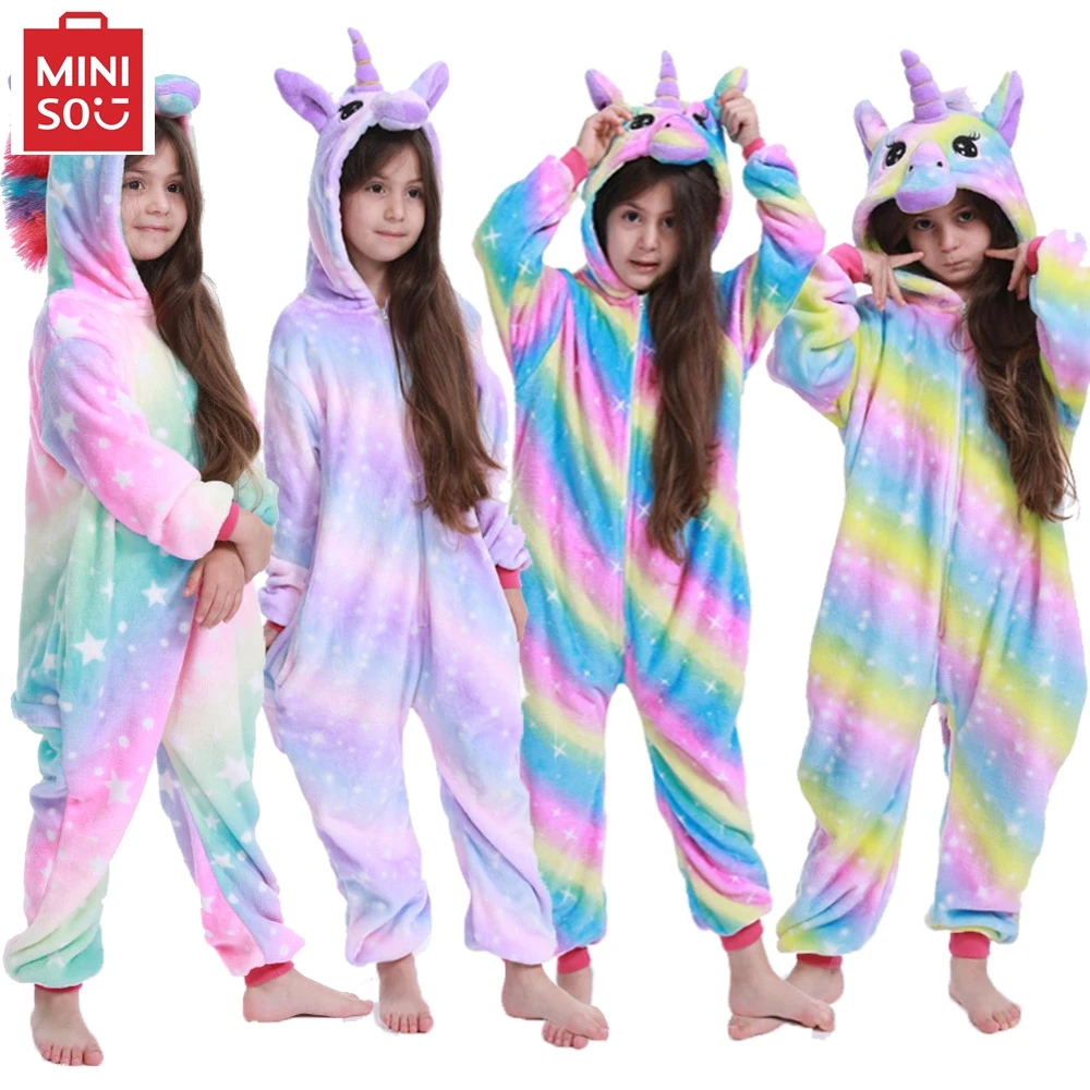 MINISO girls rainbow unicorn pajamas children flannel kigurumi kids cosplay costumes For halloween boys stitch panda pijama kids pajamas