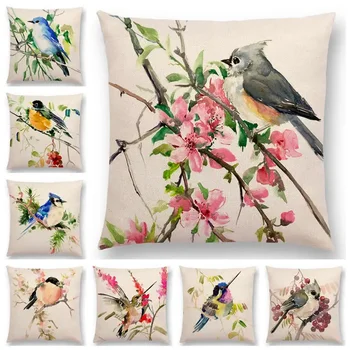 Watercolor Lovely Birds Cushion Cover Robin Tit Finch Hummingbird Goldfinch Sparrow Prints Pillow Case