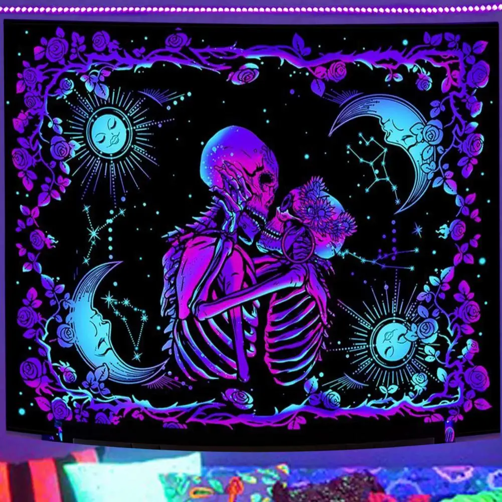 1 Set Skull Tapestry Glow In The Dark Black UV Light Reactive Rectangle Tapestry Washable Wall Art Sunflower Hanging Cloth