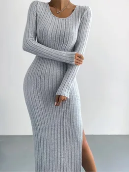 Comfortable long knit casual dress with long-sleeved sexy split in solid color for women autumn winter 1