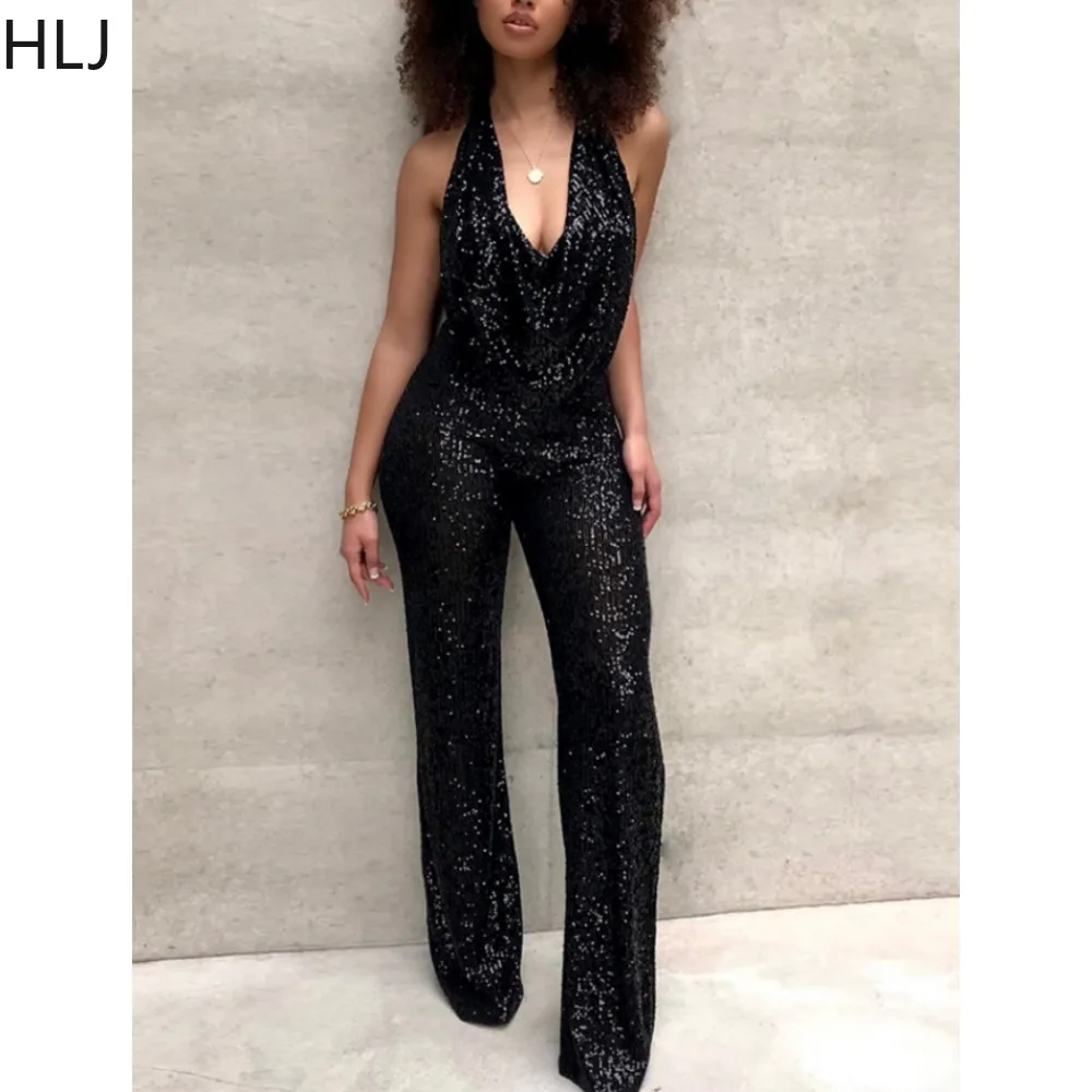 HLJ Fashion Sequined Halter Sleeveless Jumpsuits Women Ruched Wide Leg Pant Party Club Clothing Female Deep V Backless Overalls