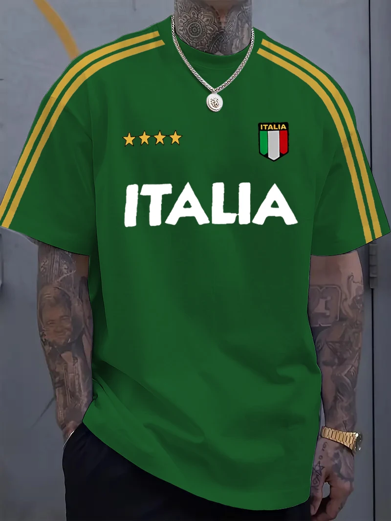Mens Casual 3D Letter I-ITALLA Print T-Shirt Man Short Sleeve Sportwear Football T-Shirt Vintage Oversize Striped Tees Clothes