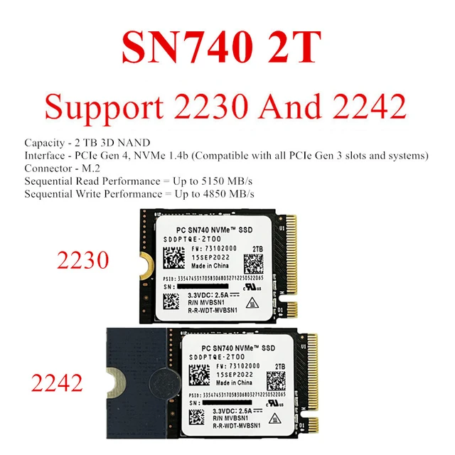 WD 2TB M.2 2230 SSD NVMe PCIe4x4 PC SN740 For Steam Deck ASUS ROG Flow X  Laptop