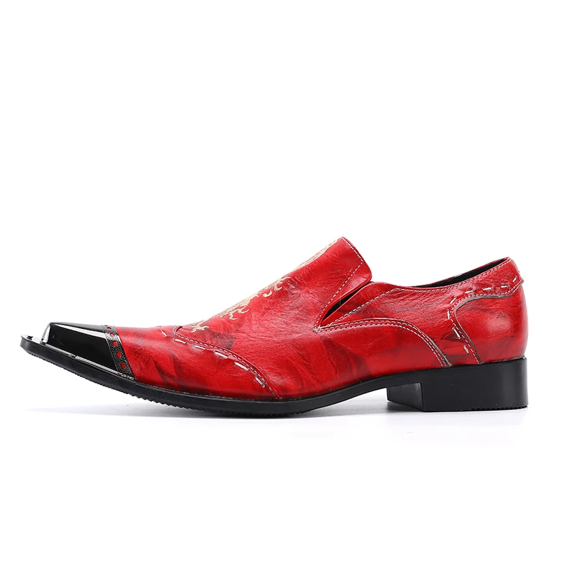 Plus Size Men's Genuine Leather Shoes Wedding Party Pointed Casual Business Shoes Men's Formal Red Embroidered
