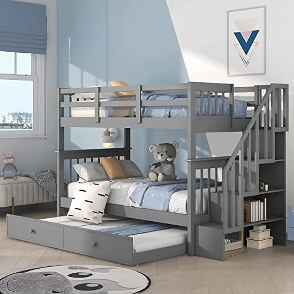 Twin Bunk Bed with Trundle Stairs Open Shelves Kids Teens Bedroom Grey Espresso Modern Sturdy Wood Kids Furniture Guest Room 2