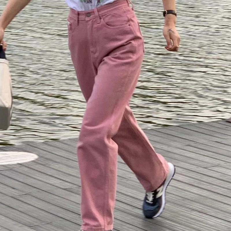 

2023 Spring and Summer New Pink Jeans Retro Korean High Waist Casual Jeans Female Straight Pants Trousers