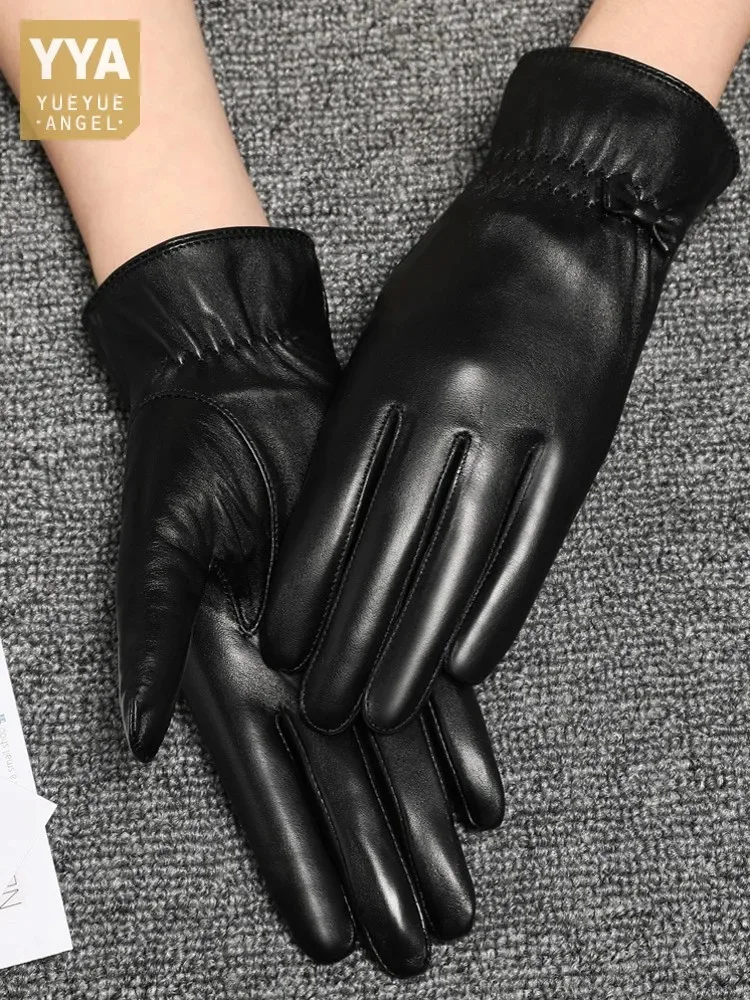 

Women Bowknot Wrist Genuine Leather Gloves Winter Windproof Warm Fleece Lining Driving Top Layer Sheepskin