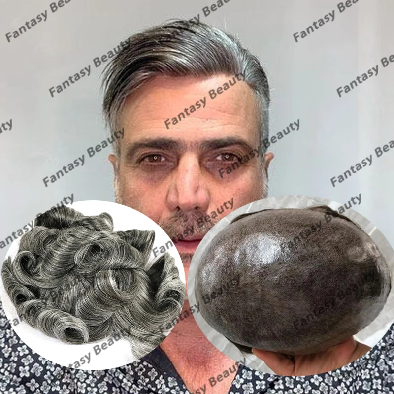 

Серые мужские парики #1B40 #1B65, сменные Супер Прочные полностью инъецированные мужские парики из искусственной кожи, настоящие человеческие волосы, накладные волосы, капиллярная система