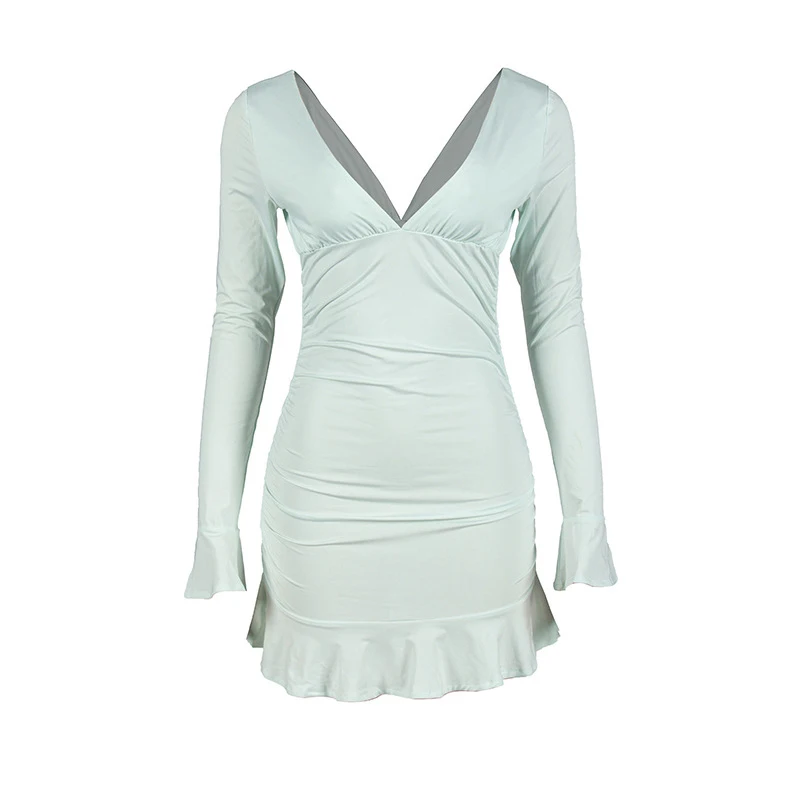 Sexy Women Dresses Solid Color V Neck Long Sleeve Ruffled Hem Ruched Bodycon Dress Evening Club Dresses Streetwear