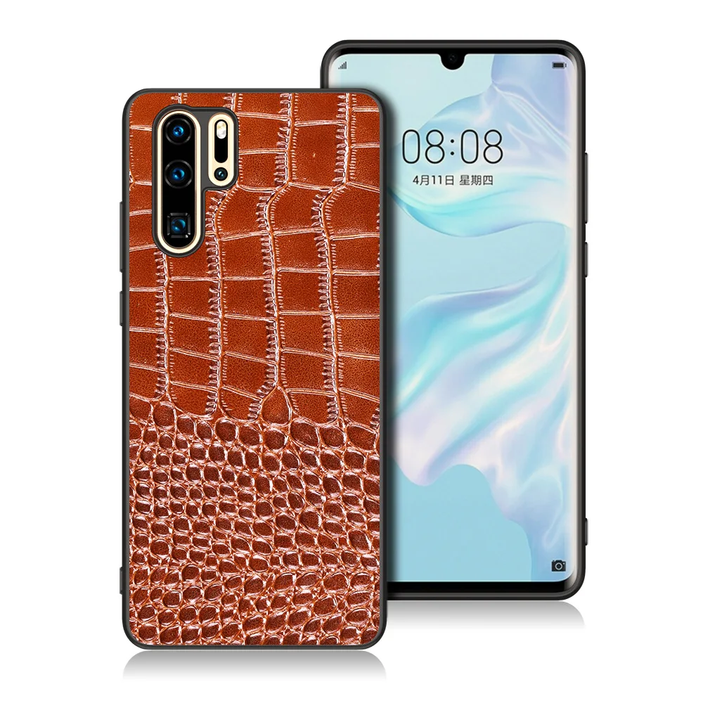 

For Huawei P20 P30 Pro Black Soft Silicone Rubber + Crocodile Grain Cowhide Real Genuine Leather Cover Mobile Phone Bags Case